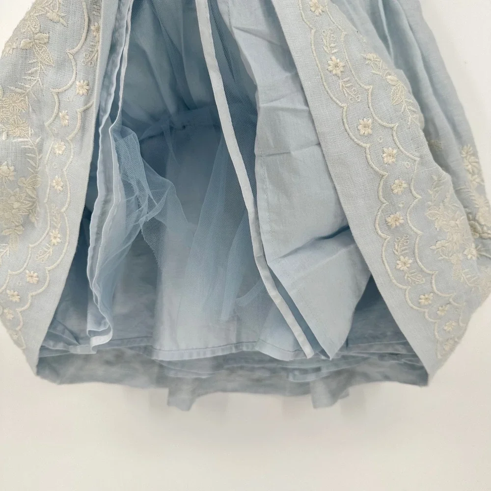 Ralph Lauren Floral Embroidered Ruffle Overlay Blue Hemp Dress Peter Collar 5‎